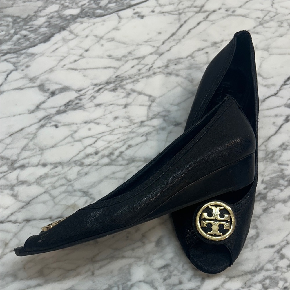 Tory Burch Black Small Wedge with Gold Accents